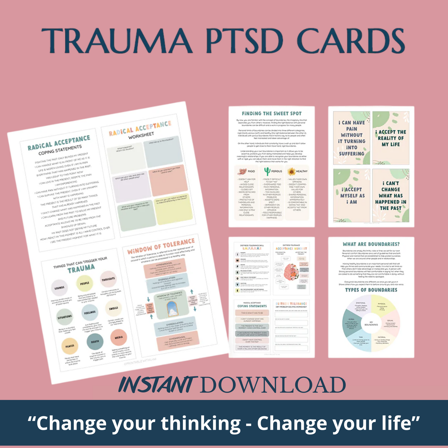 Trauma therapy 90% off bundle, anxiety coping skill card, therapy worksheets, crisis therapy PTSD, anxiety therapy tool, safety plan